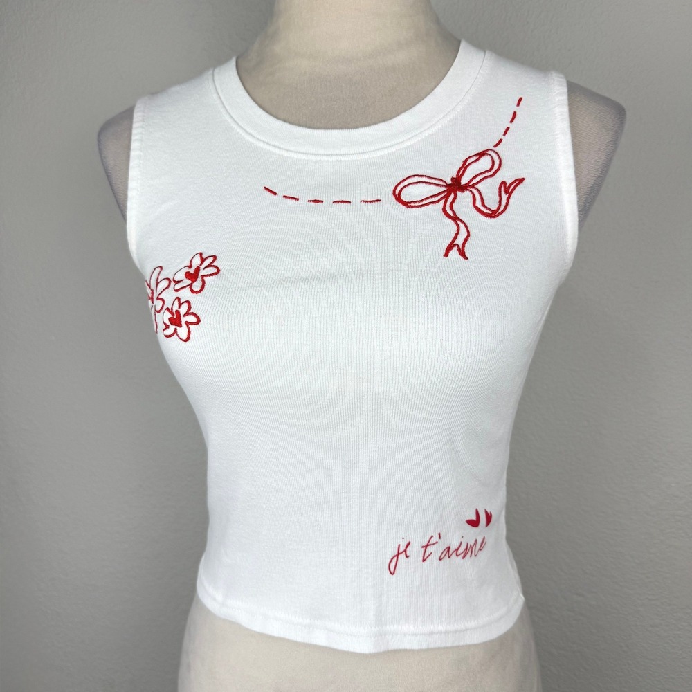 Ripple Junction White Ribbed Embroidered Red Je T'aime Bow Tank Top Size XS - Picture 2 of 6